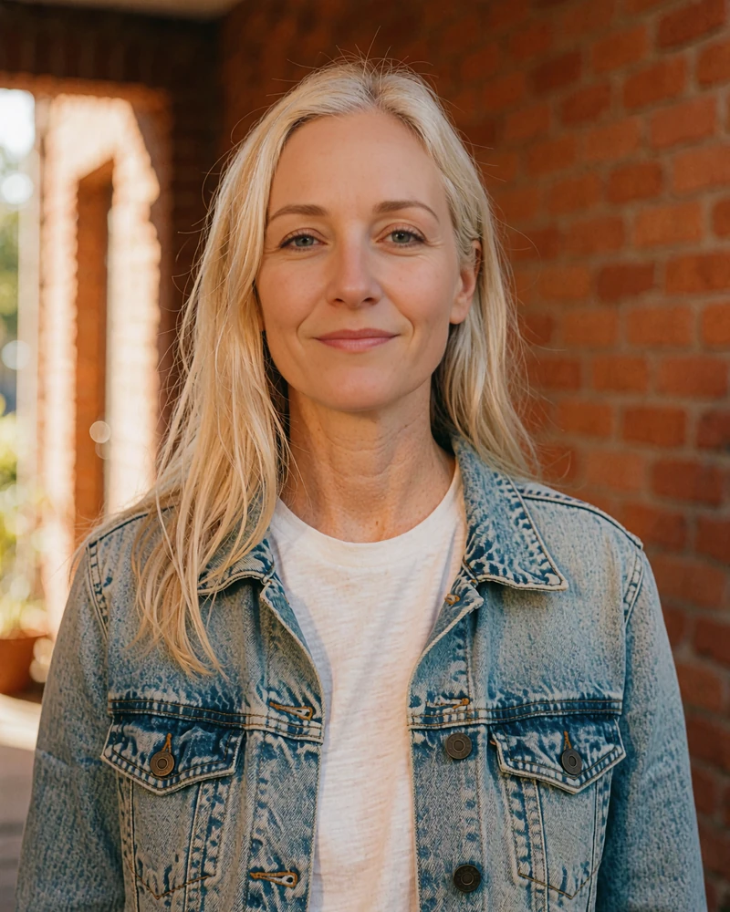 Illustrative Mdates-style profile example of a blonde woman in a denim jacket and white tee by a brick wall
