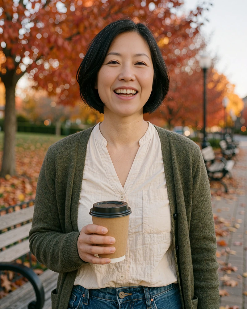 Illustrative example of a dating profile photo of a woman with a black bob in an olive cardigan holding coffee in a park