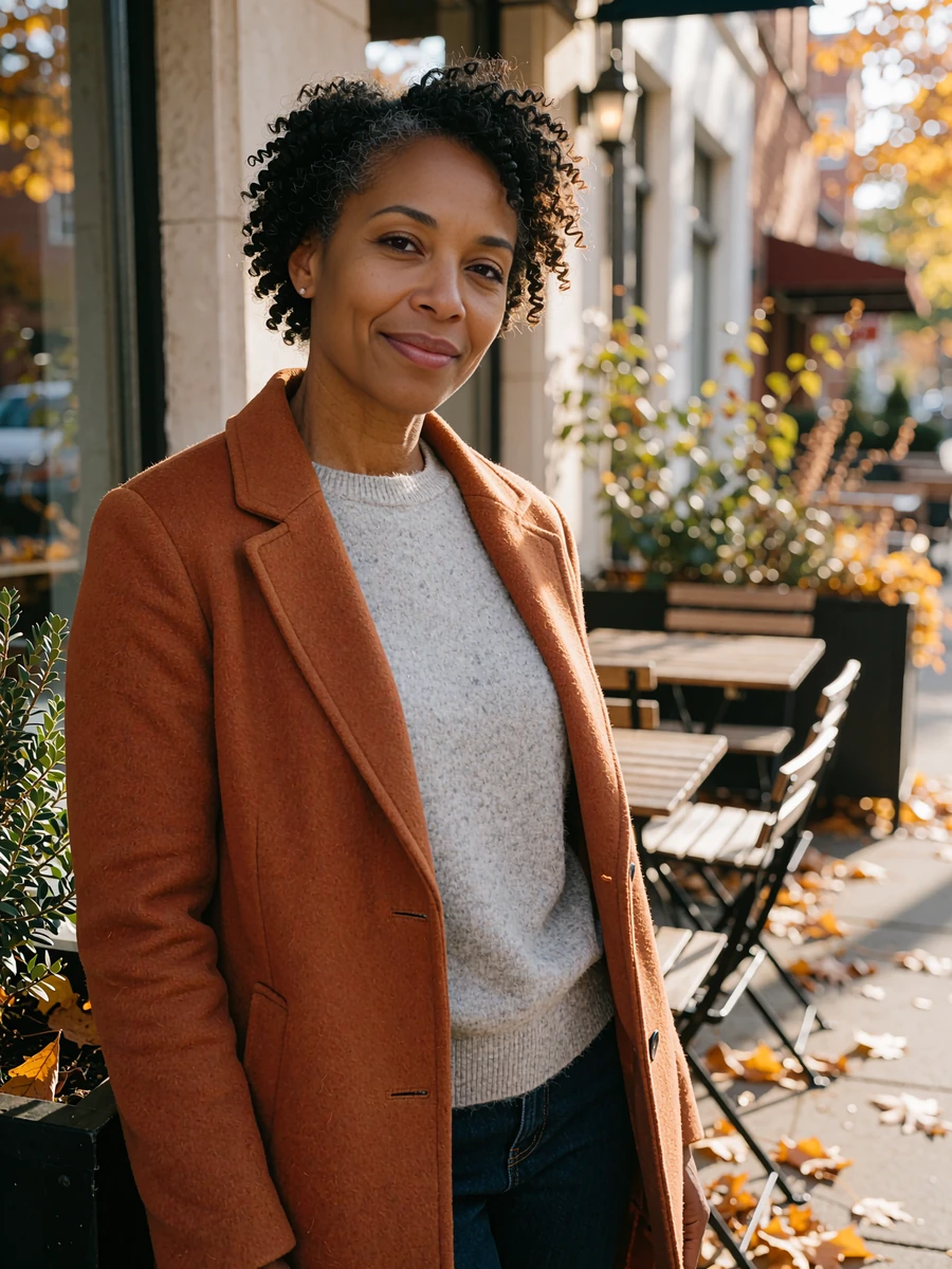 Illustrative online dating photo of a woman in her forties in a camel coat smiling beside an autumn café patio