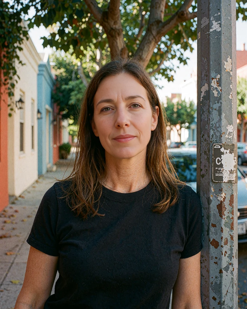 Illustrative dating site profile of a brunette woman in her mid-forties wearing a black tee on a tree-lined sidewalk