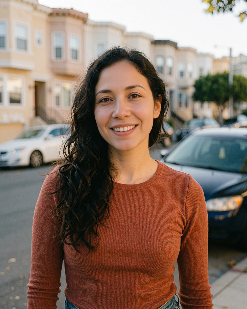 Illustrative singles profile picture of a woman with dark wavy hair in a rust knit top on a city street